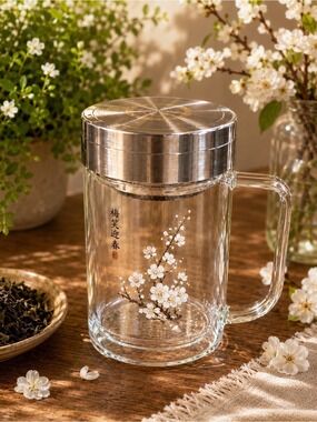 DOUBLE WALL Rebeka Clear Glass Loose Leaf Tea Mug w/ Floral Design Handle & Lid